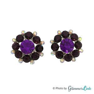 Purple & Aurora Borealis Rhinestones Floral Silver Tone Clip On Earrings
